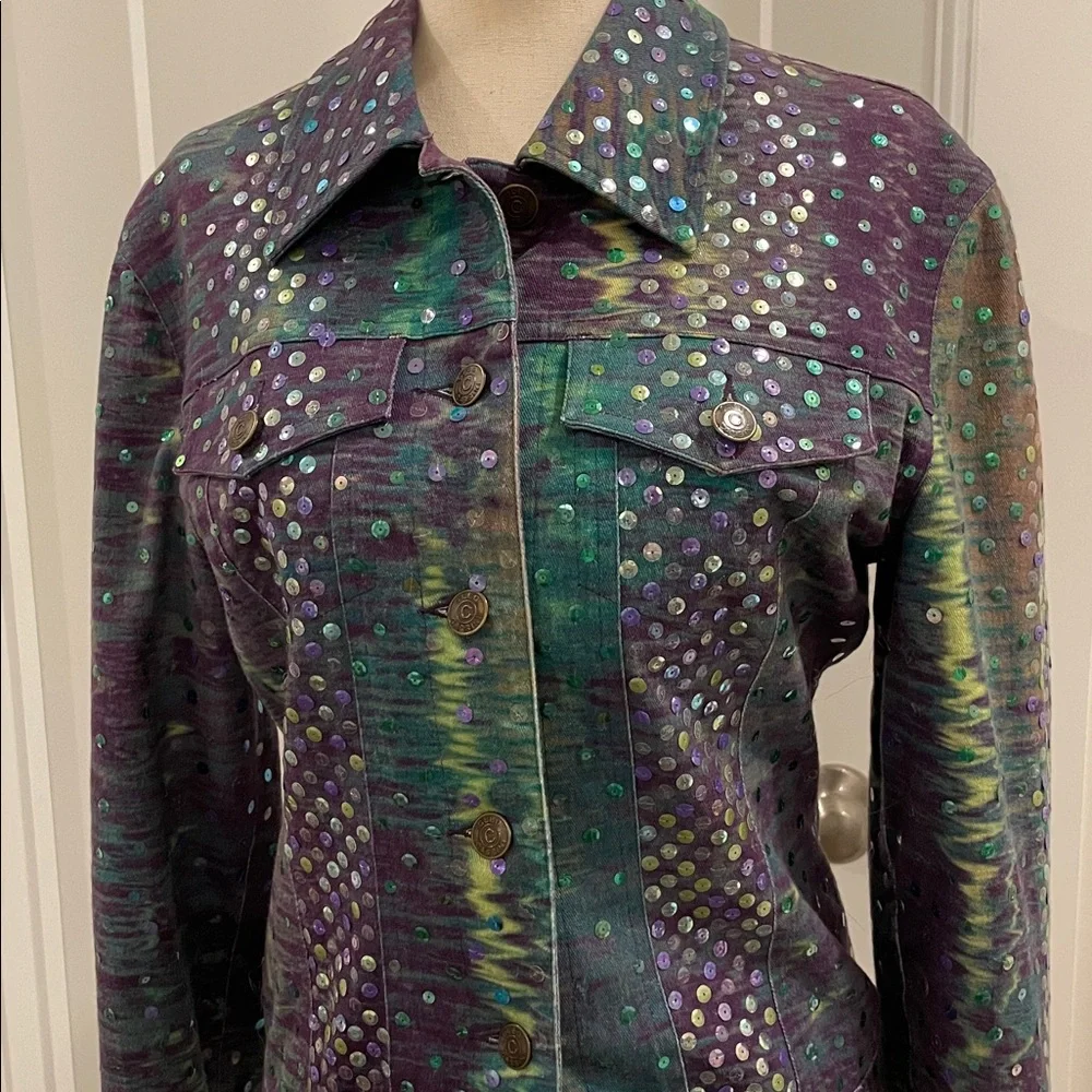 Oleg Cassini Sequin Purple and Green Jean Jacket - Picture 2 of 3